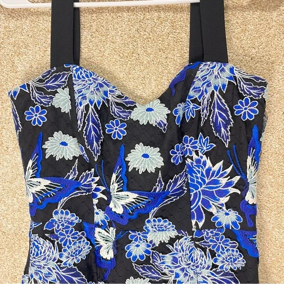 Imperfect NWT Dress the Population embroidered overlay blue floral medium dress - Picture 5 of 17